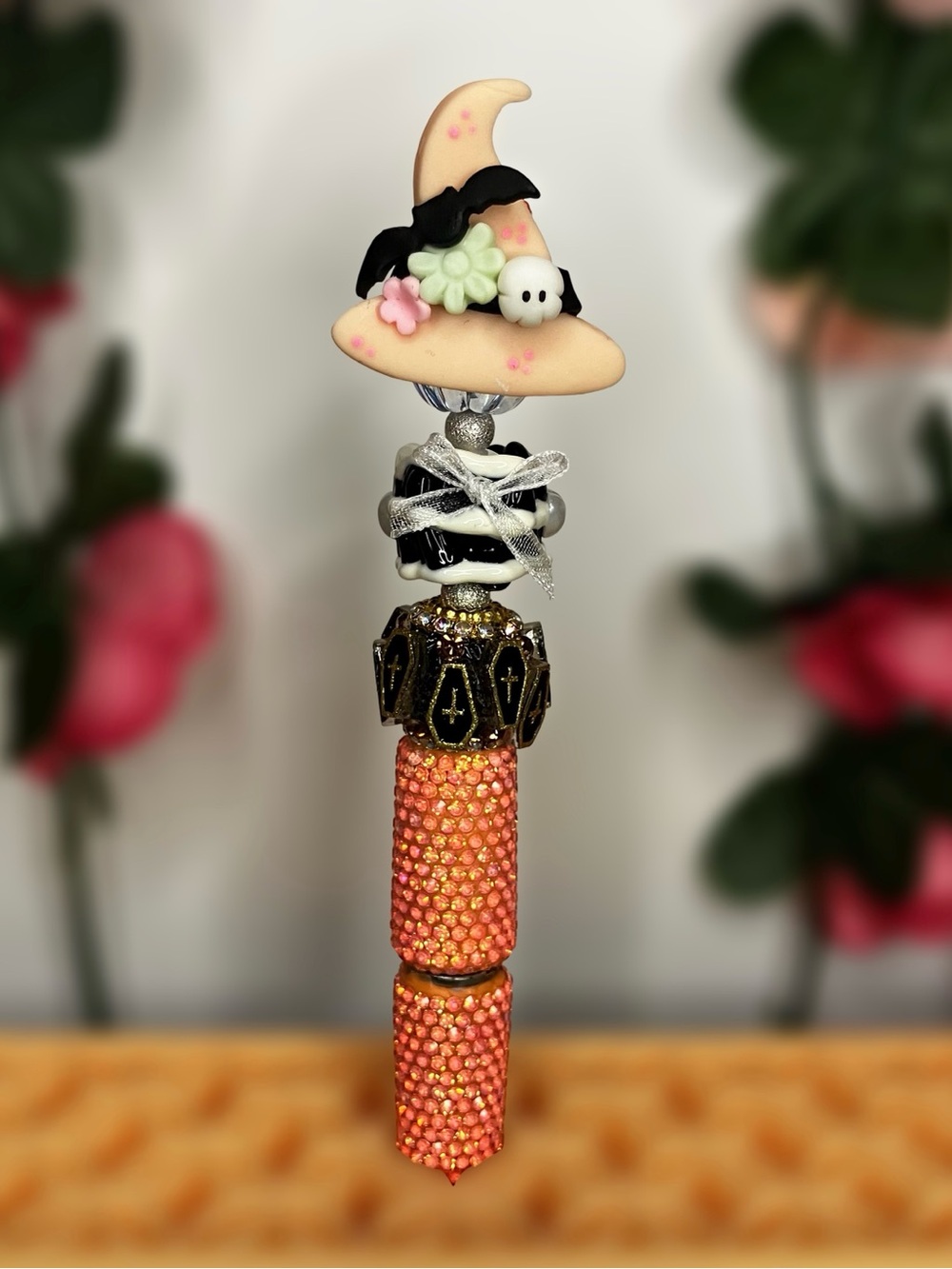 Halloween Clay Witch Hat Handmade Beaded Pen with Coffins & Orange Rhinestones